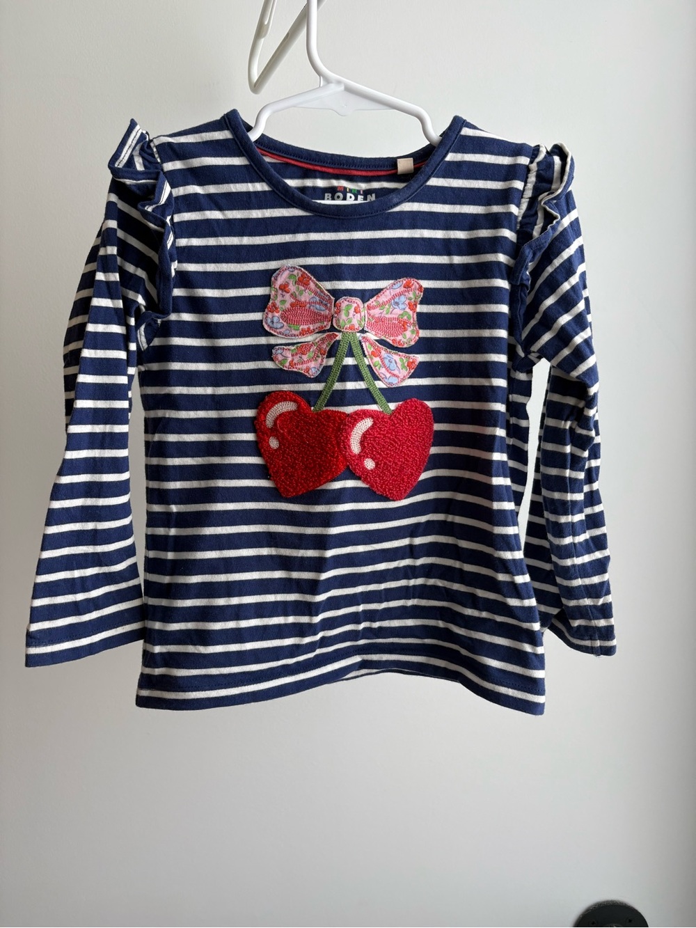Mini Boden Navy Stripe Ruffle Sleeve Top with Red Cherry Applique, Girl
